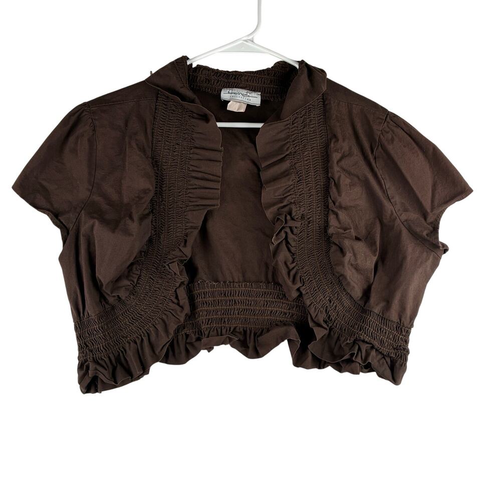 Vtg Jamie Nicole Brown Ruffle Micro Cardigan Shawl Women’s 2X Smocked Feminine